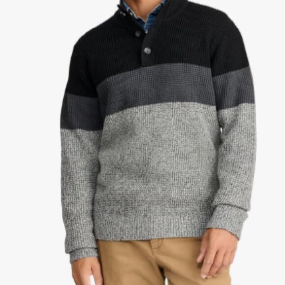 IZOD Men's Button Mock Sweater Black Dark Gray and Gray Size XL - Picture 2 of 5